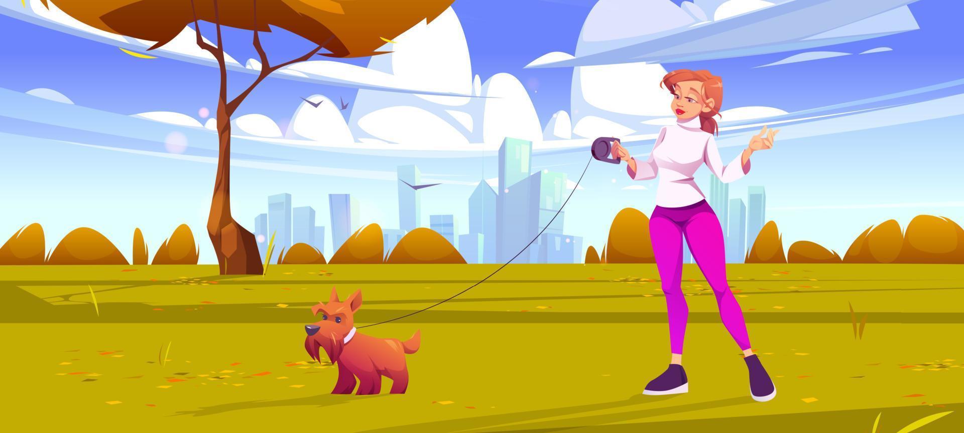 Woman walk with dog in park, leisure with animal vector