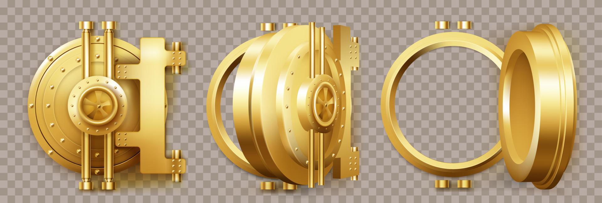 puerta segura de oro, puerta de bóveda de banco redonda con cerradura vector