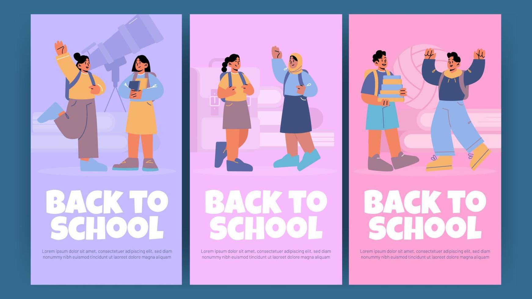 Back to school posters with young students vector