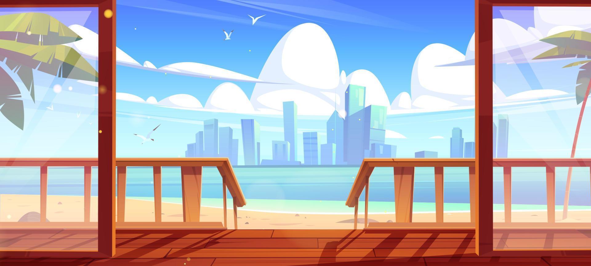 House porch on sea beach and city on skyline vector