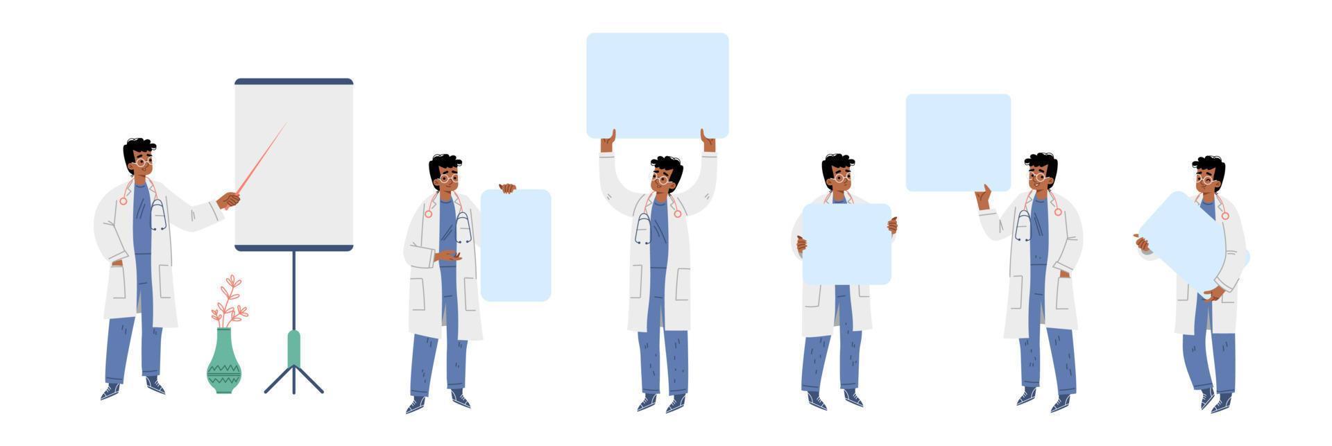 Doctor make presentation and hold empty banners vector