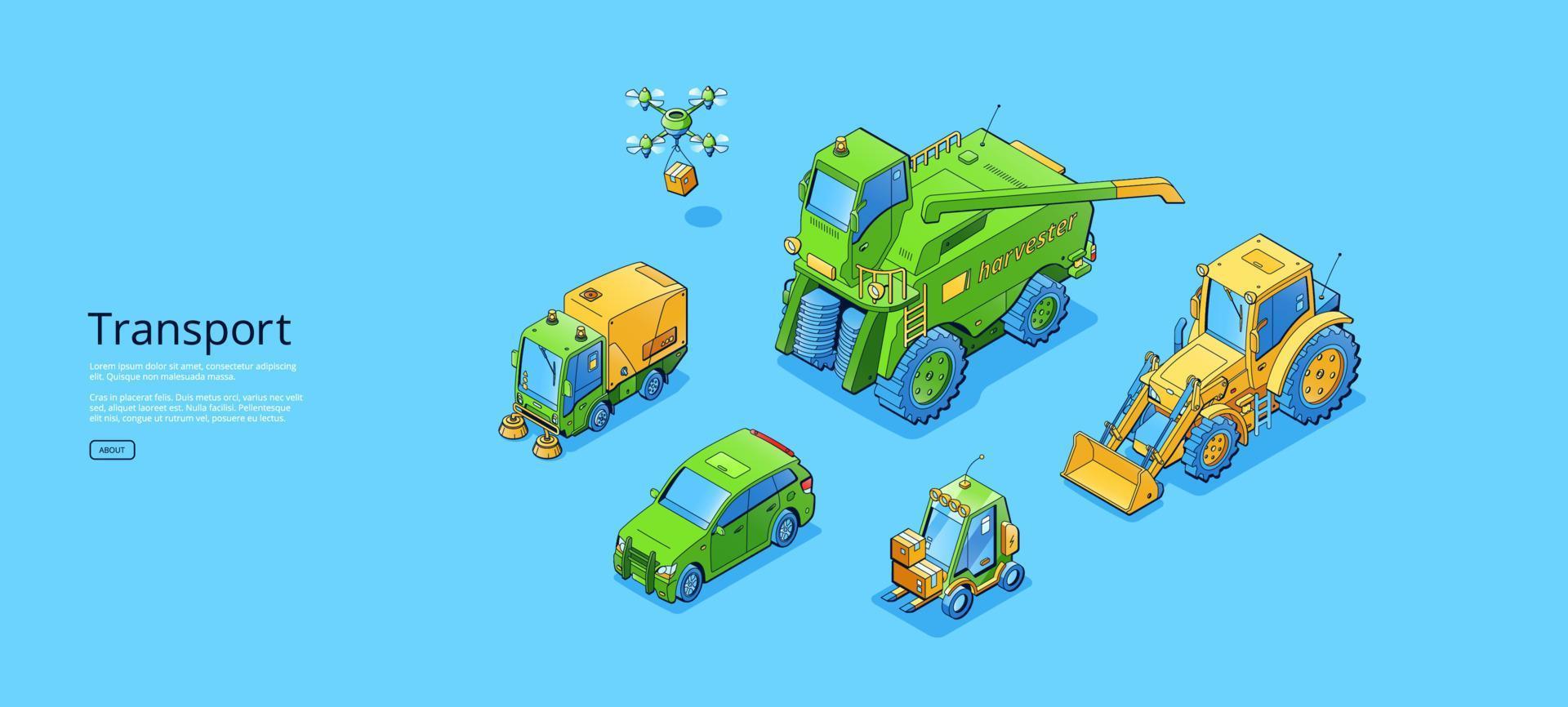 Transport isometric web banner, tractor, copter vector