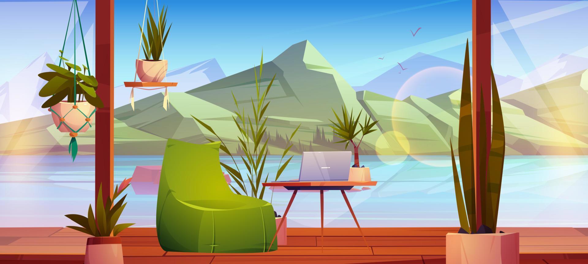 Wooden terrace with furniture on lake shore vector