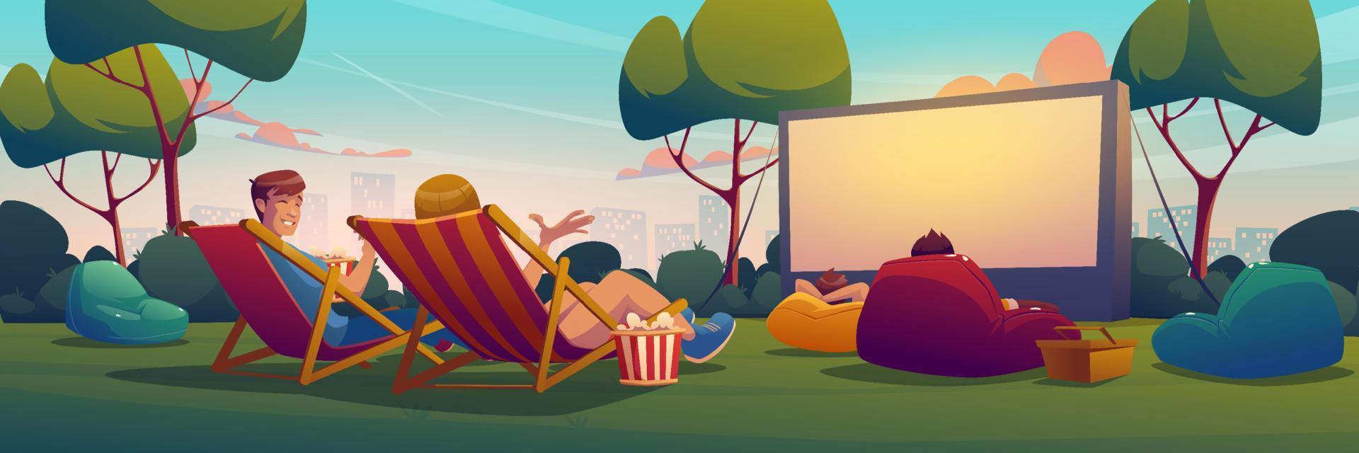 Open air cinema with people watching movie vector