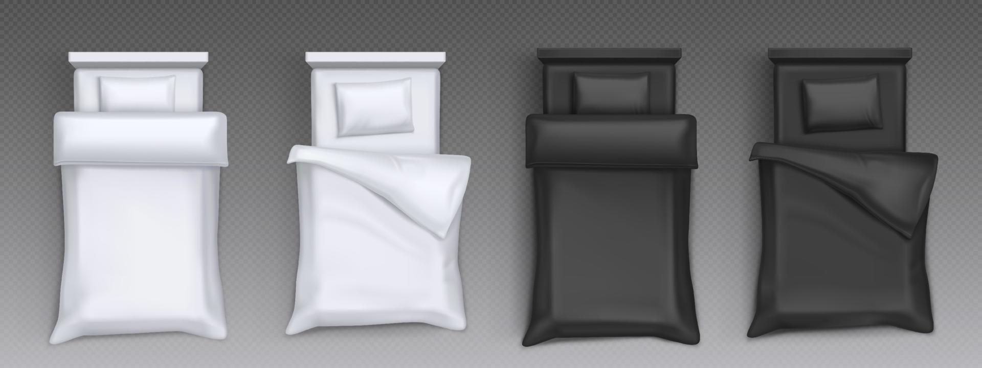 Unmade beds with white and black bedclothes vector