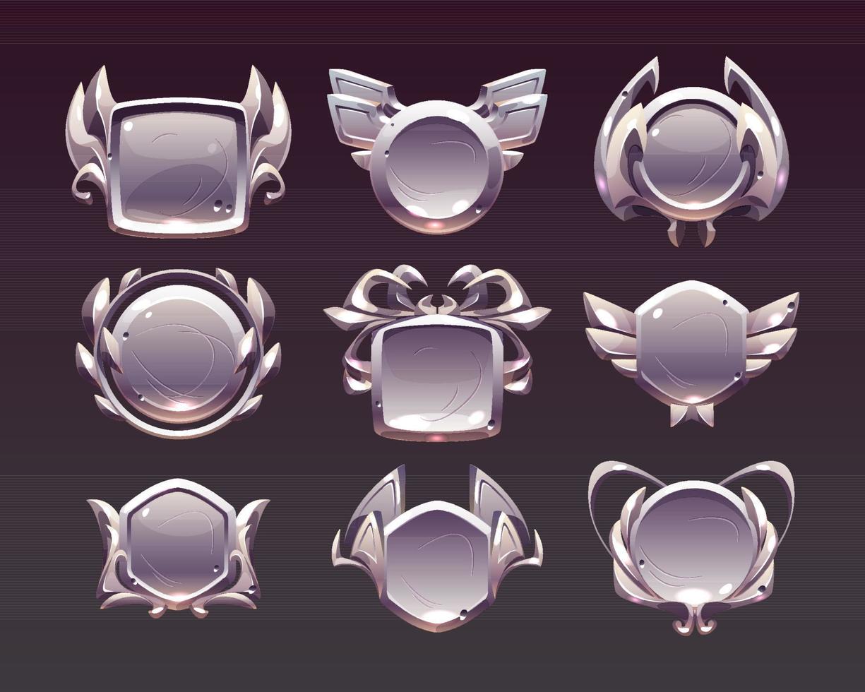 Game level metallic ui icons, empty silver badges vector