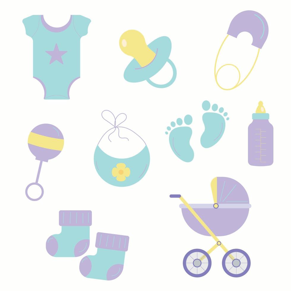Set of elements for baby showers. Vector illustration