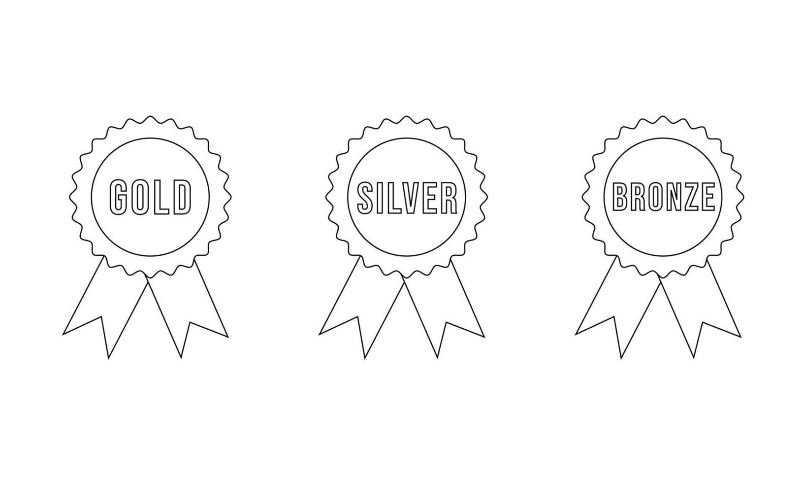 Set of badges with ribbons and inscriptions gold, silver, bronze in line style. Vector illustration