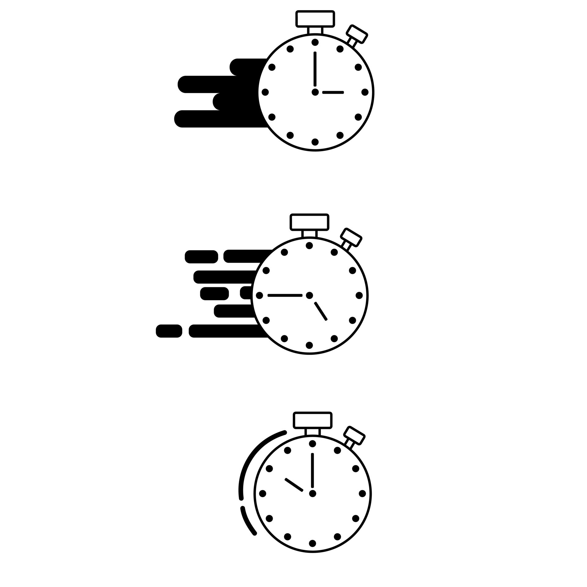 A set of black and white timer icons. Timer and stopwatch icons