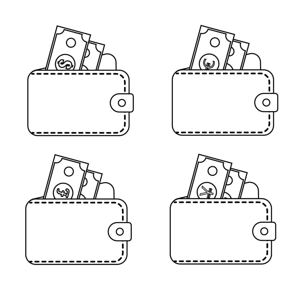 Set of leather wallets with dollar, euro, pound, yen money in line style. Isolated on white background. Vector illustration.