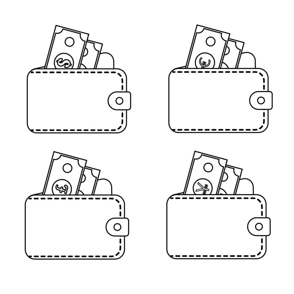 conjunto de billeteras de cuero con dólar, euro, libra, yen en estilo de línea. aislado sobre fondo blanco. ilustración vectorial vector