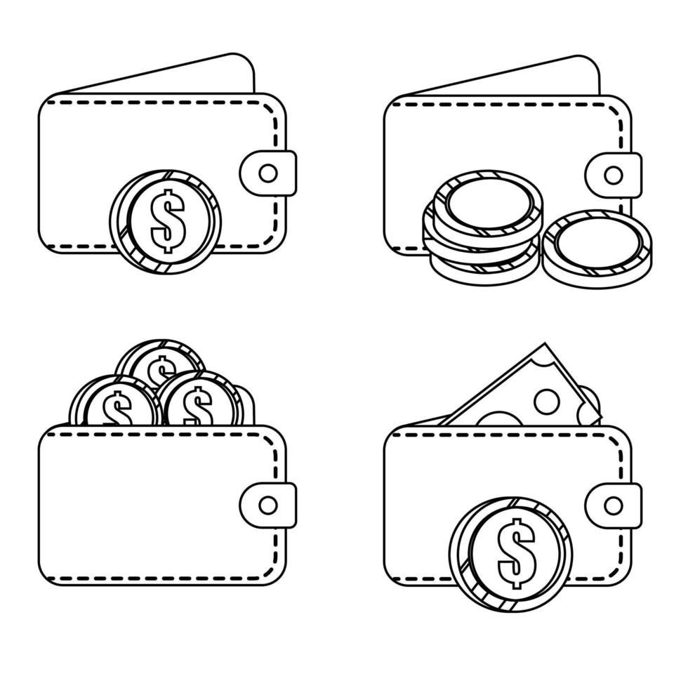 Leather wallet with coins and money in a line style. Isolated on white background. Vector illustration.