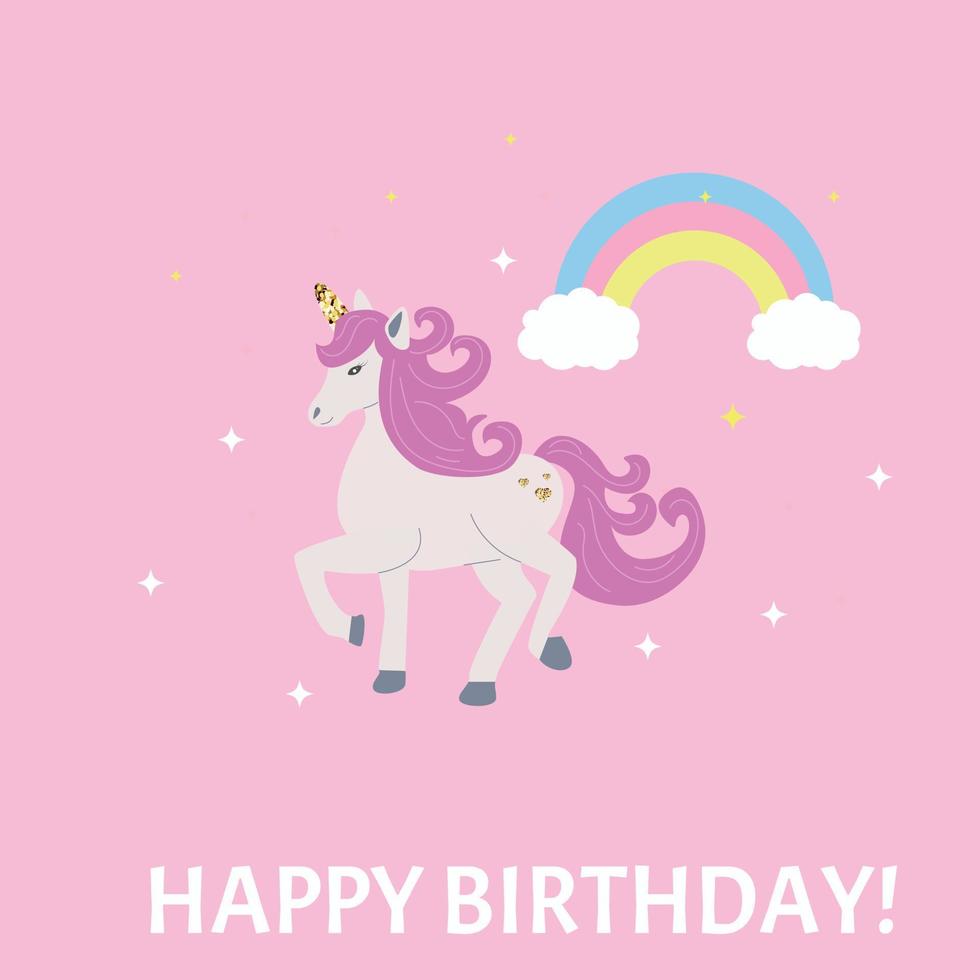 Unicornio de tarjeta de cumpleaños sobre un fondo de arco iris vector