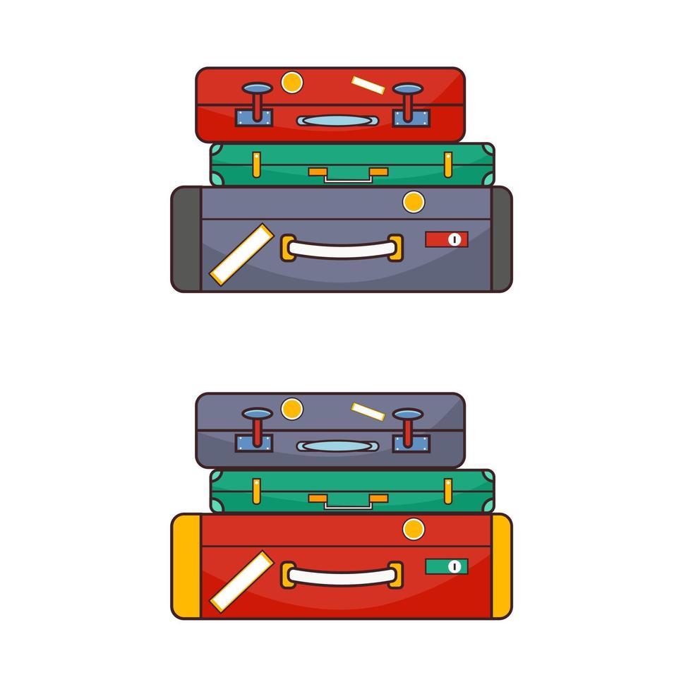 Set of stacks of cartoon luggage for travel. Isolated on white background. Vector illustration.