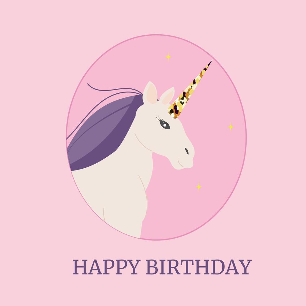 tarjeta de cumpleaños de unicornio con cuerno dorado en un marco rosa vector