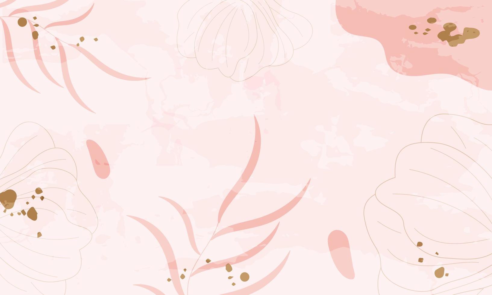 Minimalist pink background with flowers, leaves with gold blotches. Spring. Summer. vector