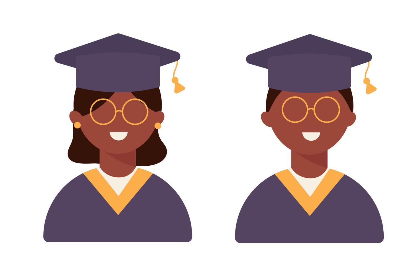 A student wearing glasses smiles on graduation day. Man and woman in flat style. Vector illustration.