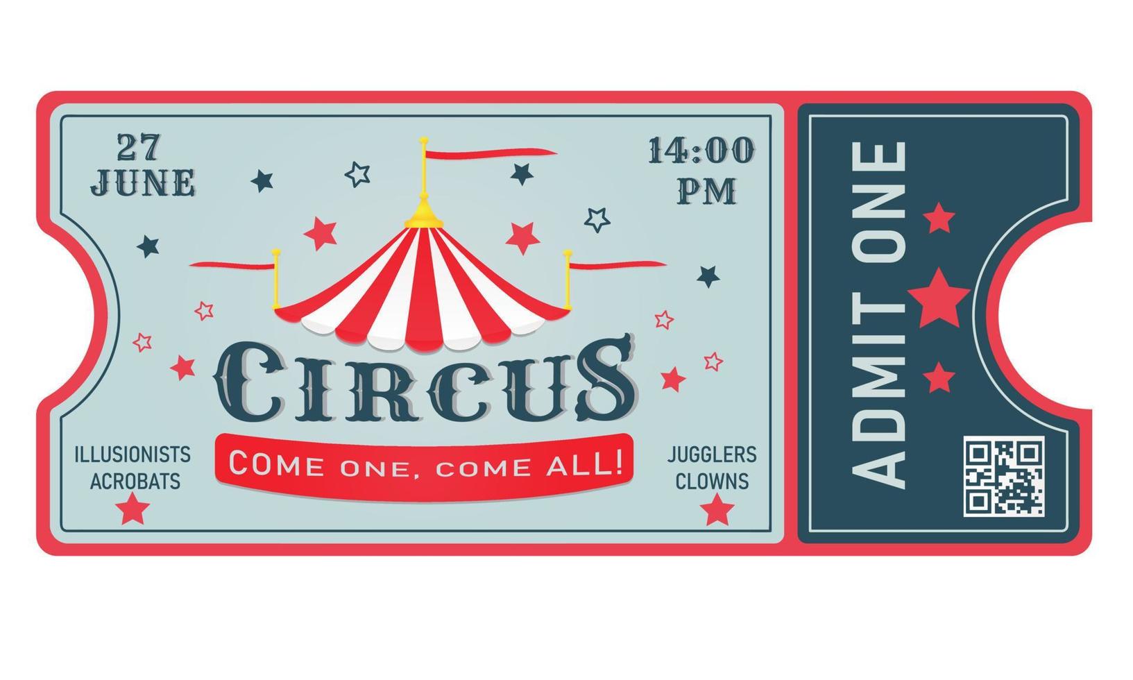 Circus ticket. An invitation to the circus. QR code. Jugglers, clowns, illusionists, acrobats. vector