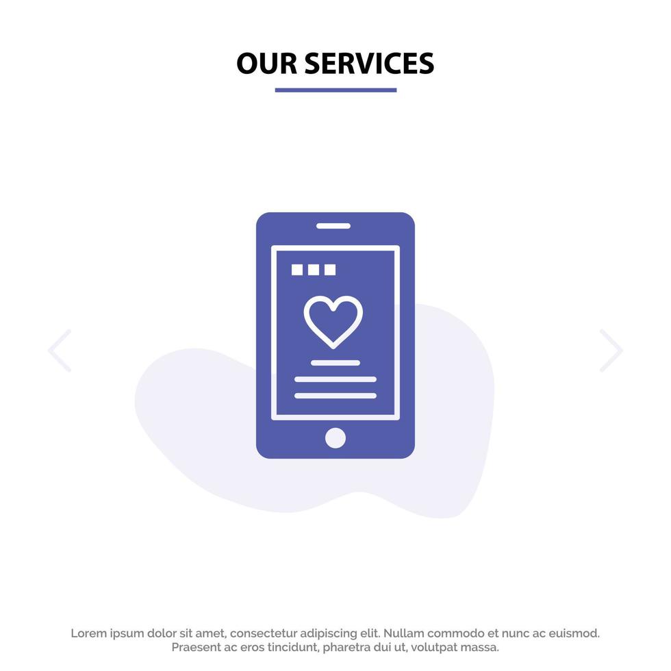 Our Services Cell Love Phone Wedding Solid Glyph Icon Web card Template vector