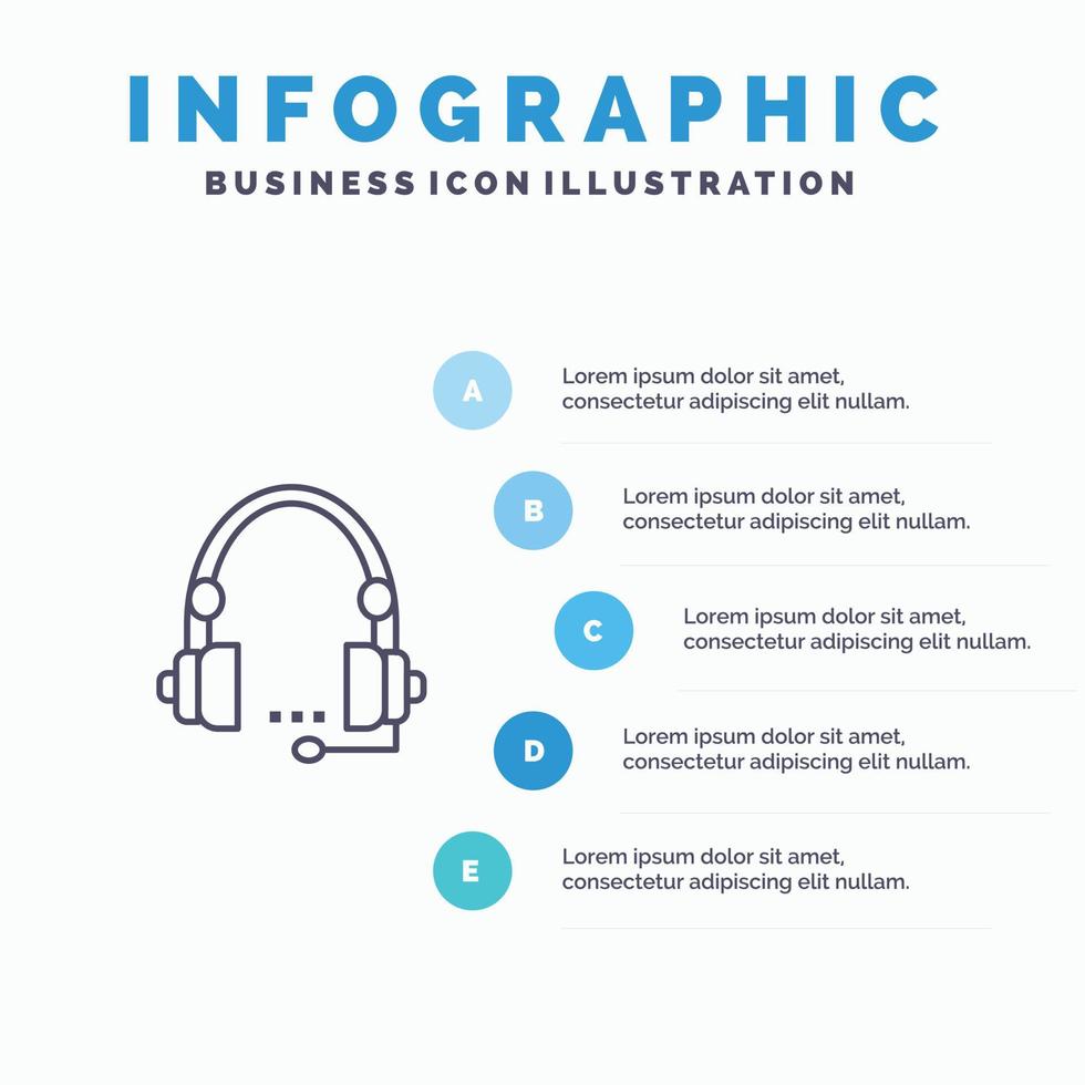 icono de línea de servicio de ayuda de auriculares de contacto de comunicación de llamada de soporte con infografía de presentación de 5 pasos vector