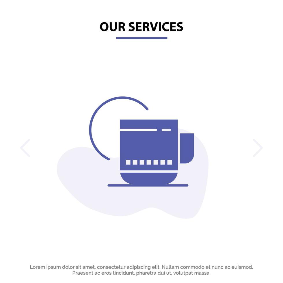 nuestros servicios té caliente servicio de hotel icono de glifo sólido plantilla de tarjeta web vector