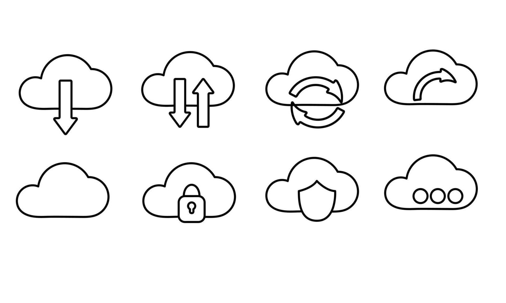 un conjunto de iconos de carga en la nube en blanco y negro. datos de la nube vector