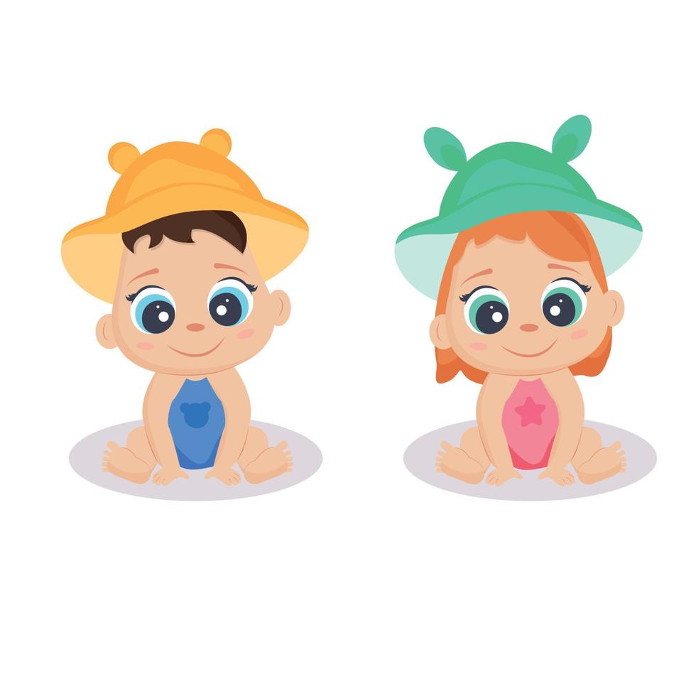 Baby boy and girl. Newborn babies. Illustration baby boy and girl.  A newborn baby sitting in a panama hat. vector