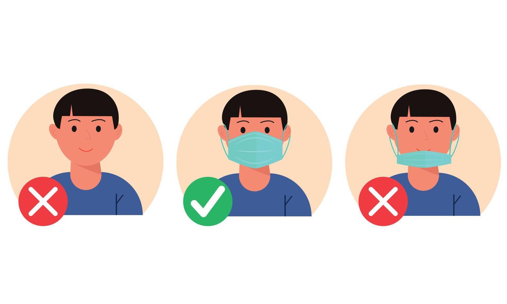 No entry without wearing a mask. Person man with and without a medical mask. Infographic. vector