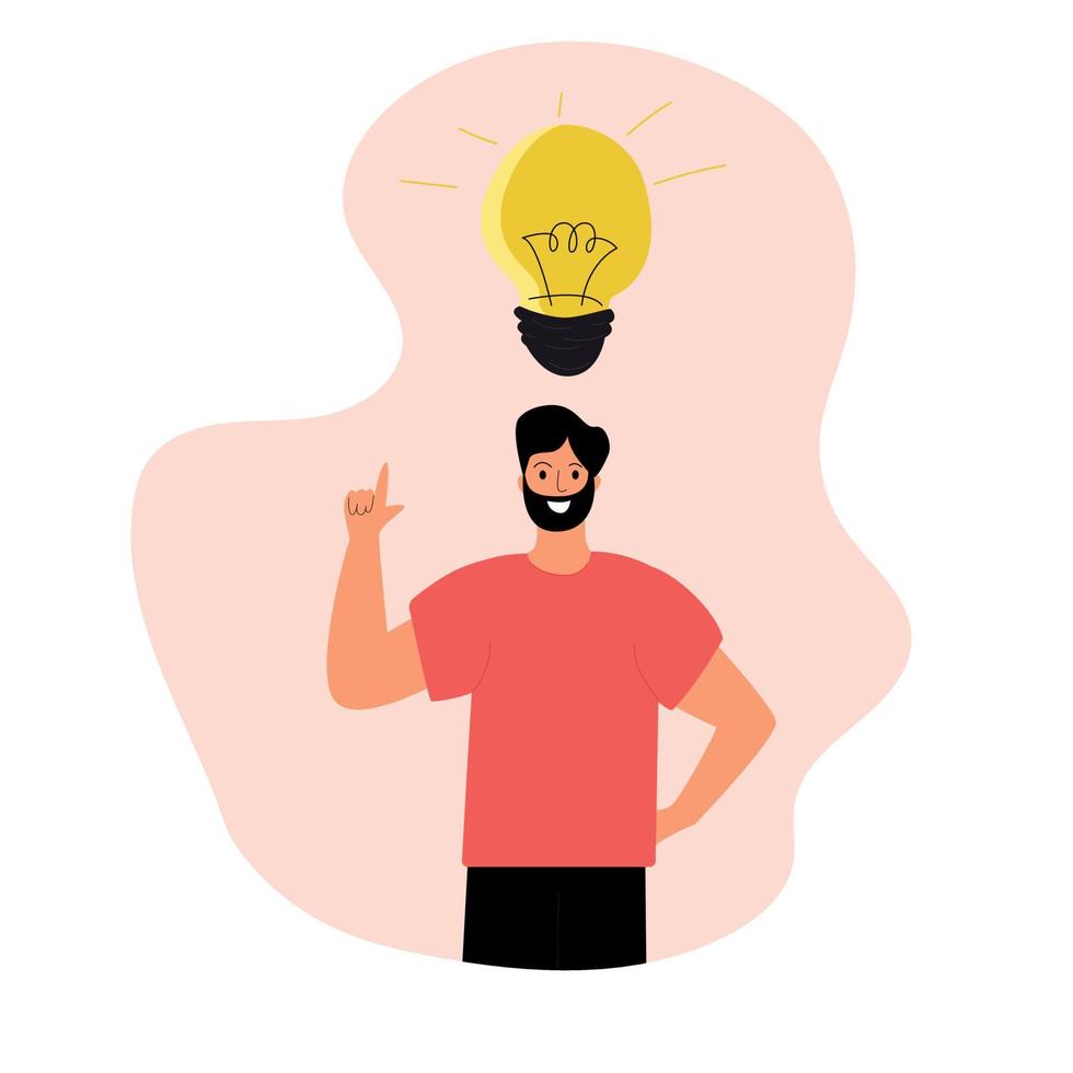 A guy, a man, and an idea. Business man. Creativity. Lampshaded idea. The brunette man in red. vector