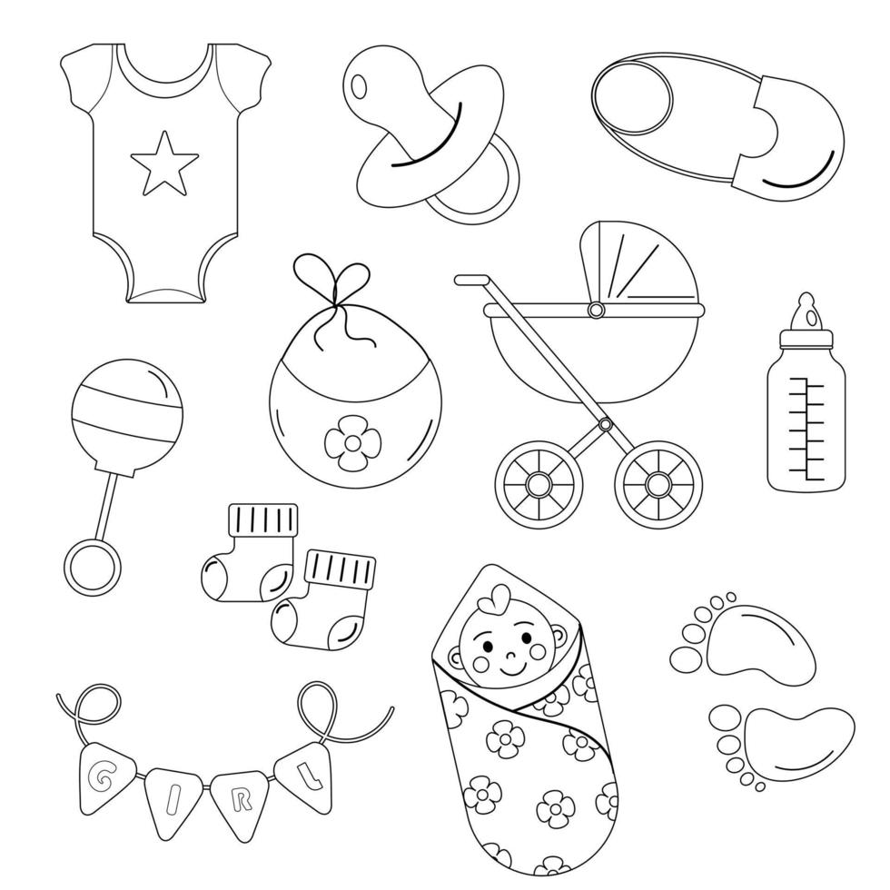 conjunto de elementos esbozados para baby shower para una niña. ilustración  vectorial 13457179 Vector en Vecteezy