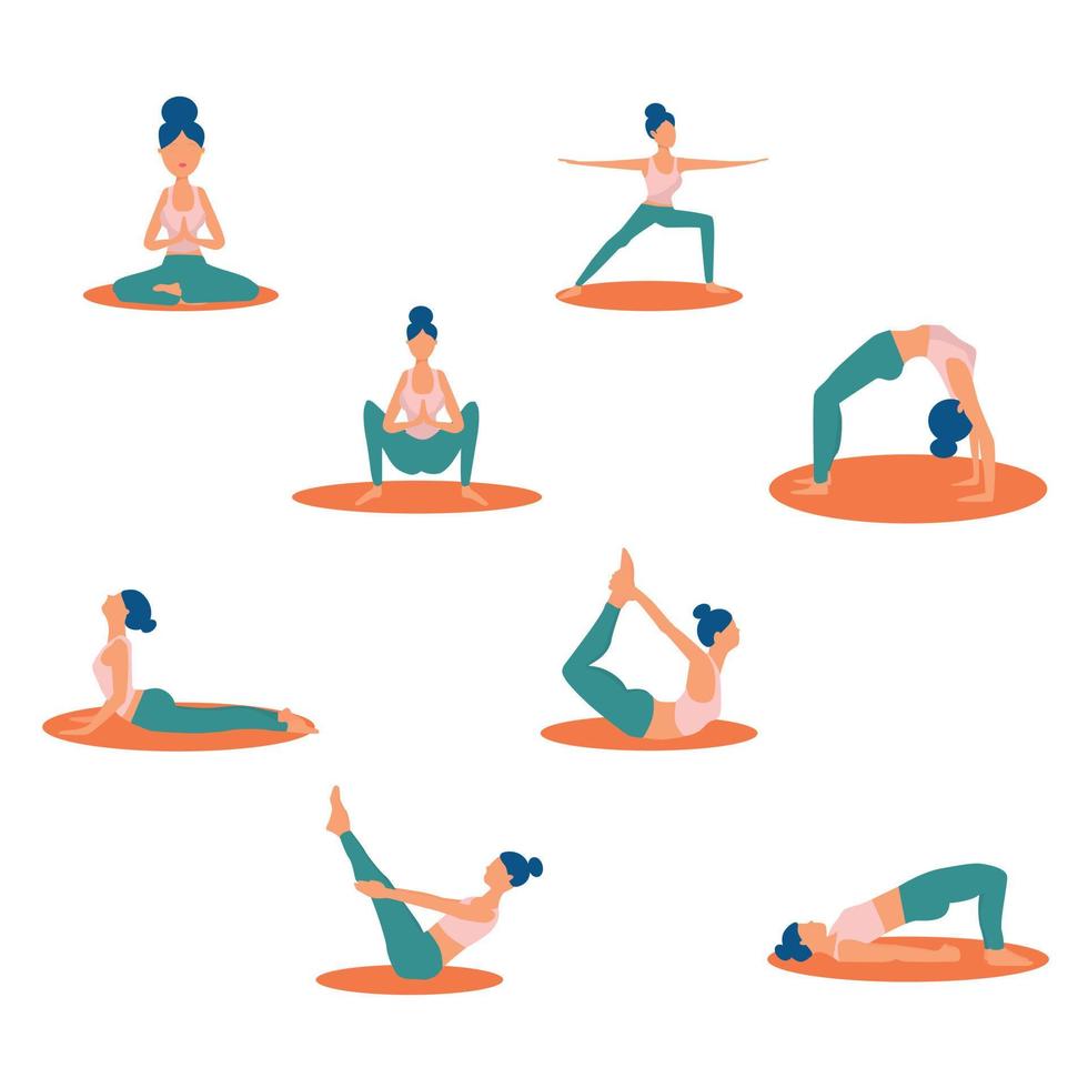 Set of yoga poses. Girl yogi on the mat. Movement sports healthy ...