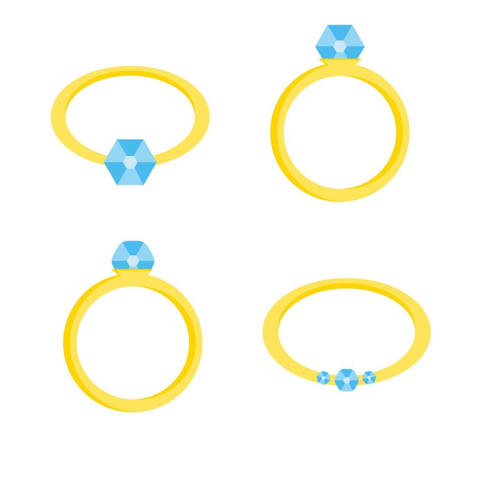 Set of different vector cute engagement rings. Colorful isolated ring on white background
