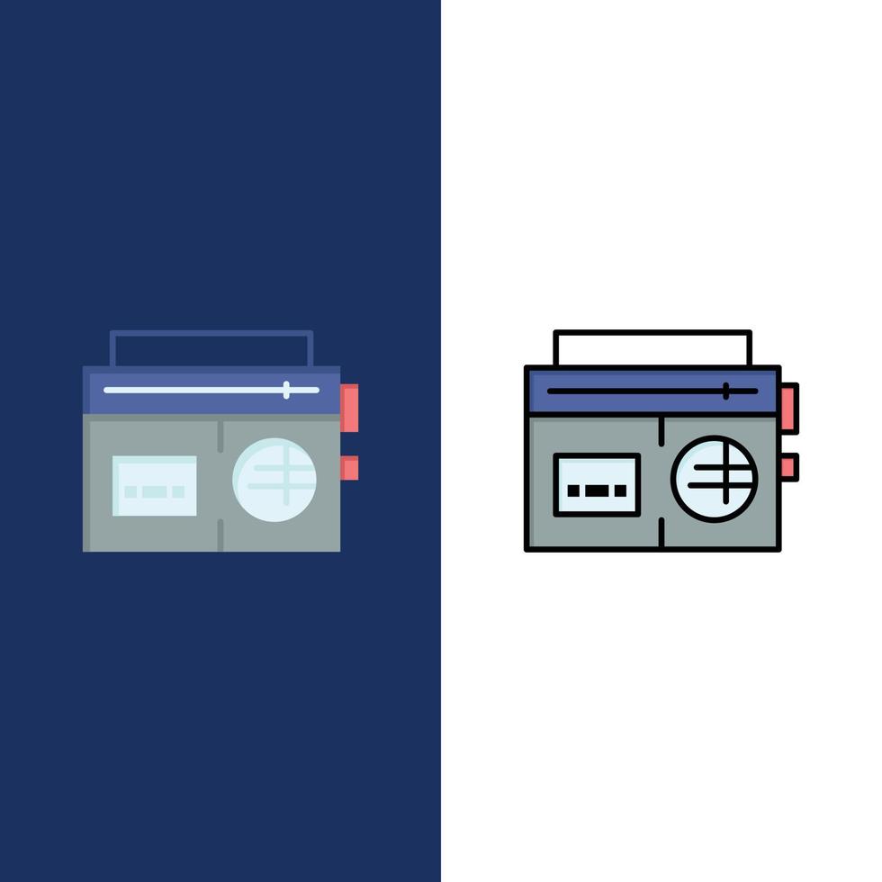 Tape Radio Music Media  Icons Flat and Line Filled Icon Set Vector Blue Background
