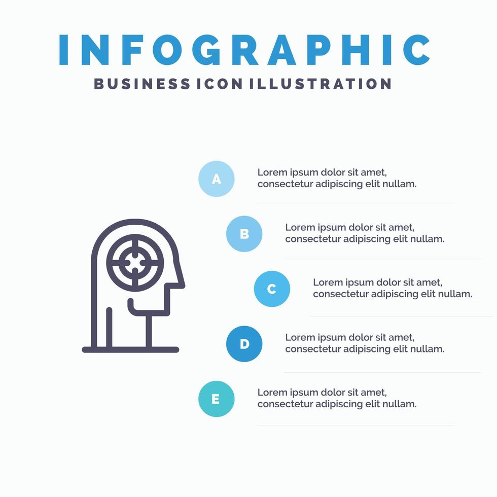 icono de línea humana de cabeza de enfoque de concentración de flecha con fondo de infografía de presentación de 5 pasos vector