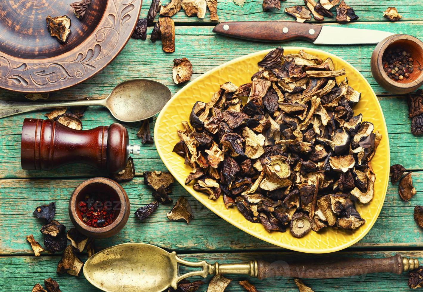 Tasty forest dried mushrooms,flat lay photo