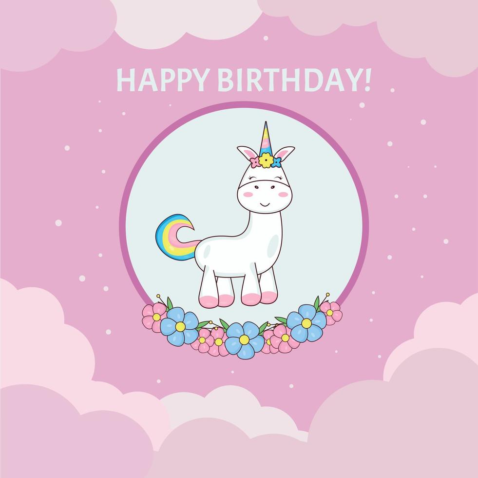 tarjeta de cumpleaños con unicornio en un marco con flores vector