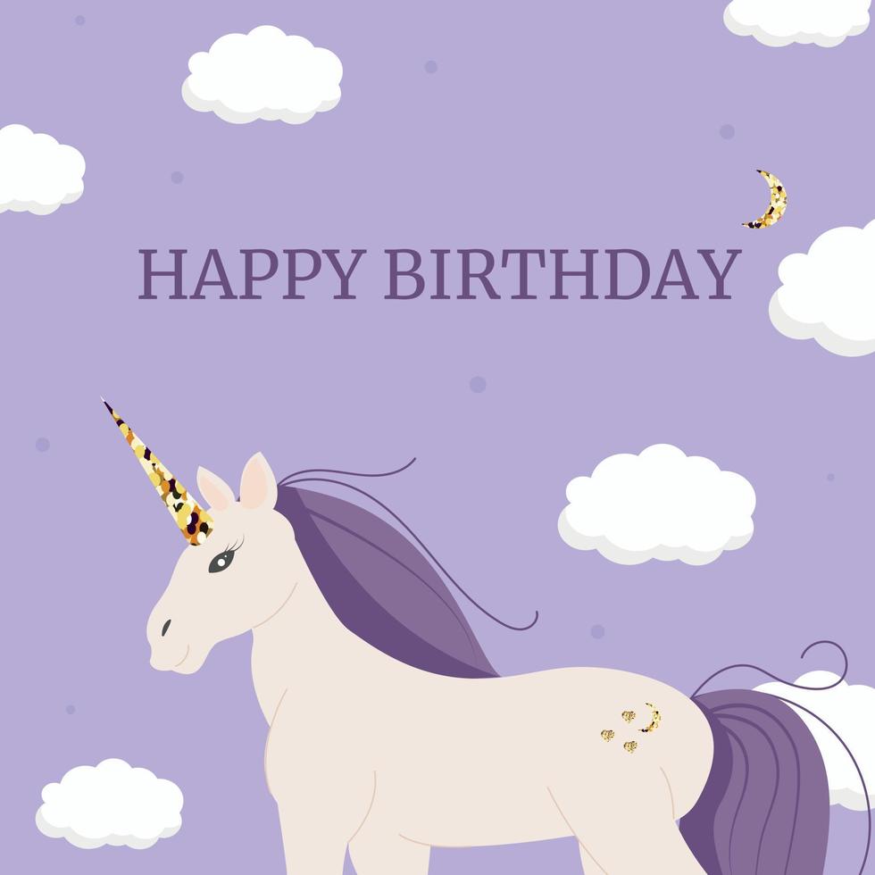 Unicorn birthday card with golden horn and clouds vector