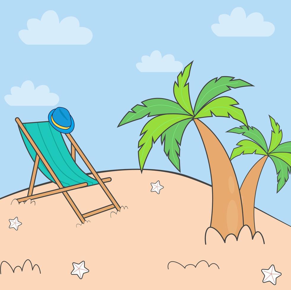Bright summer landscape with palm trees, hat and recliner. Vector illustration.
