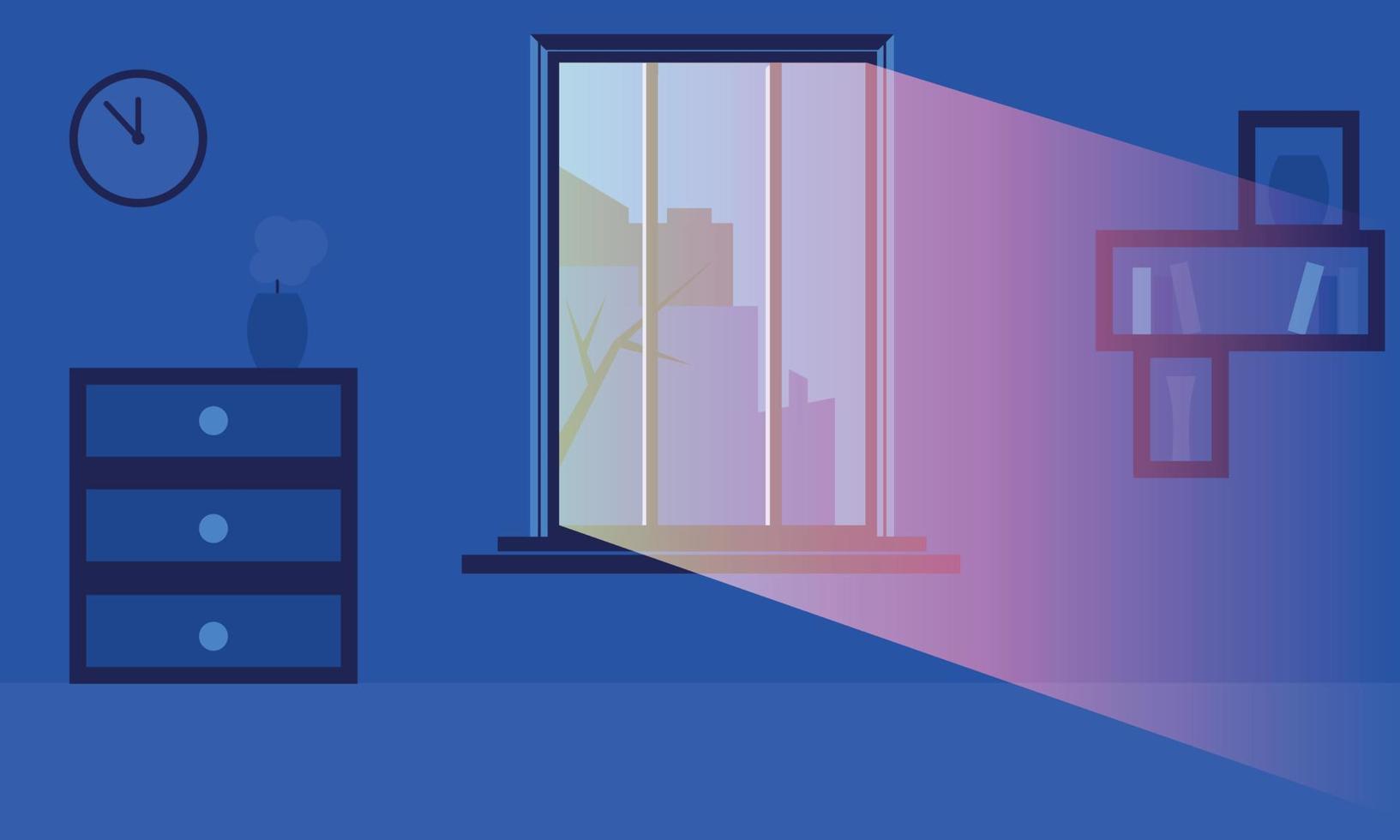 The night window with the light in blue. vector