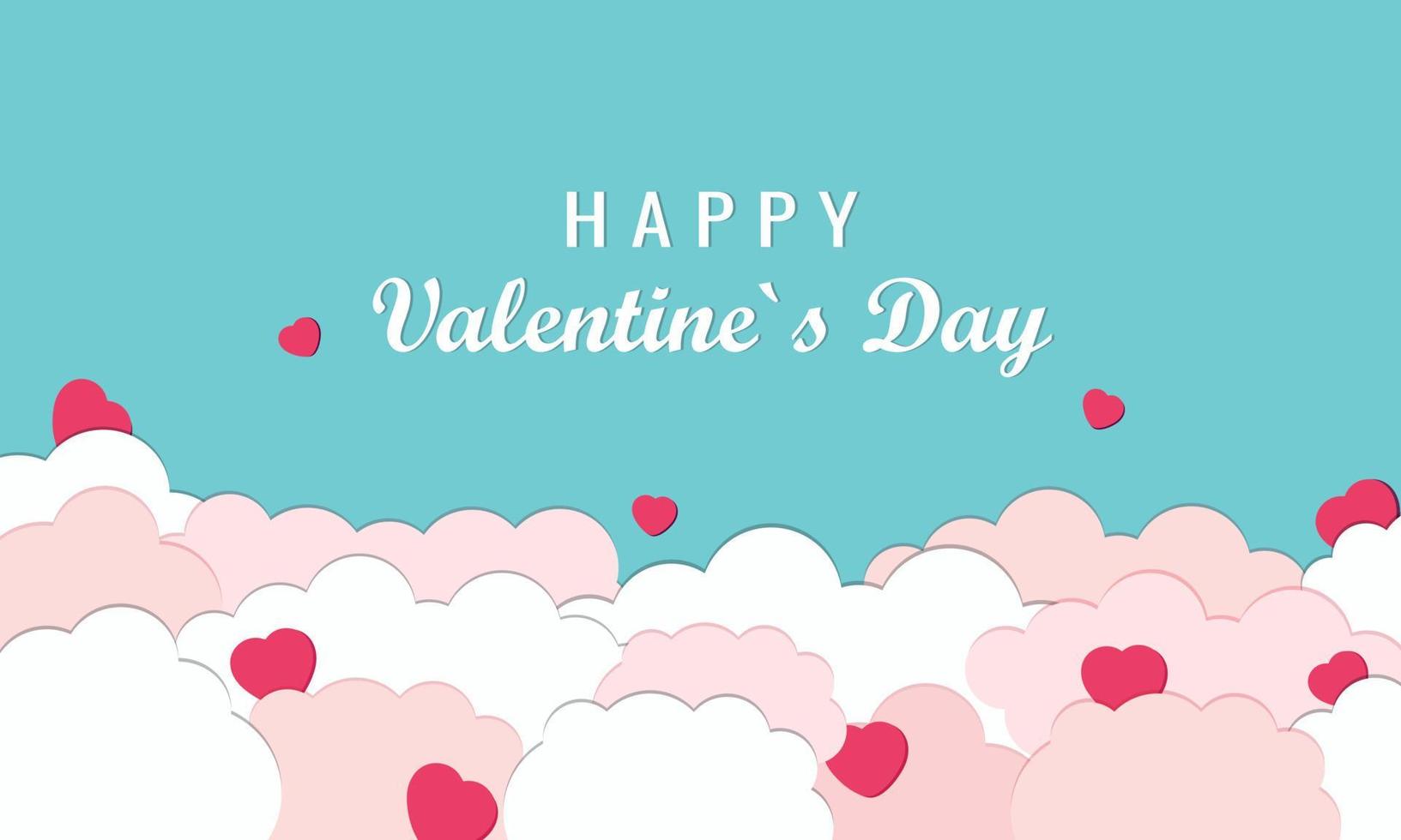 Valentine's Day on a blue background with hearts and clouds. Paper cut style. vector