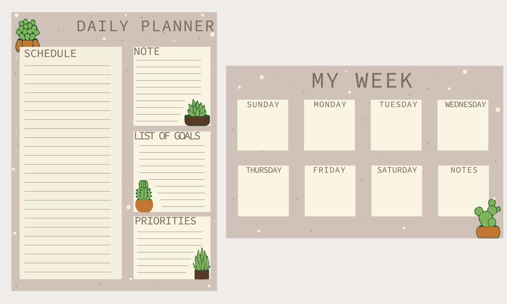 Daily planner in beige, brown. Schedule, notes, goal list, priorities. My week. vector