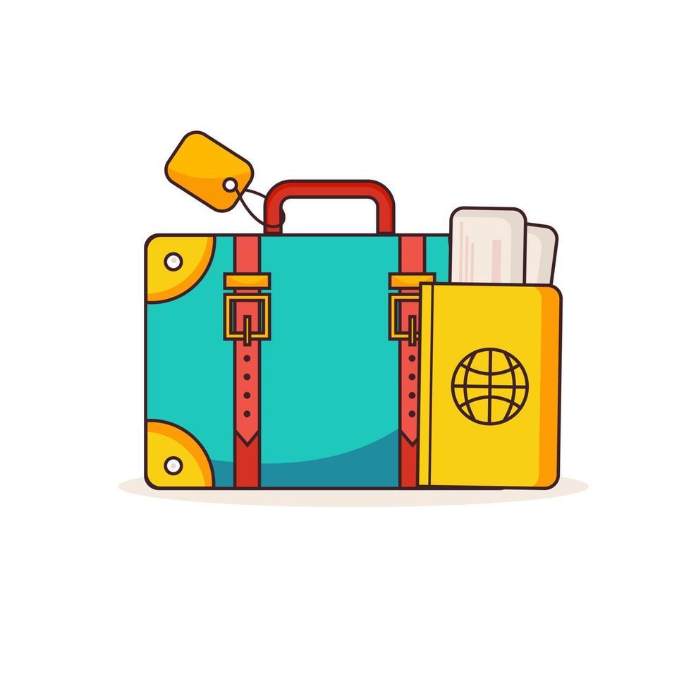 Bright travel luggage with passport and ticket. Isolated on a white background. Vector illustration.