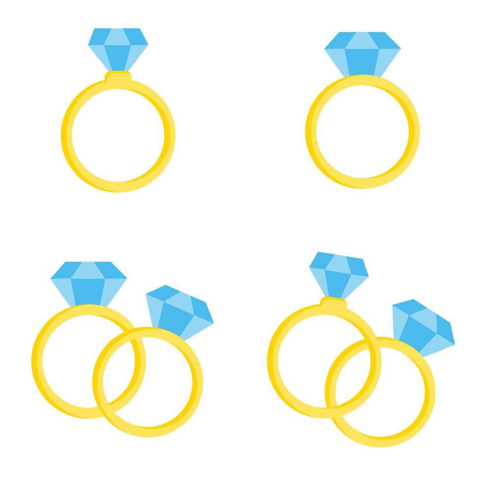 Set of vector cute engagement rings. Colorful isolated ring on white background