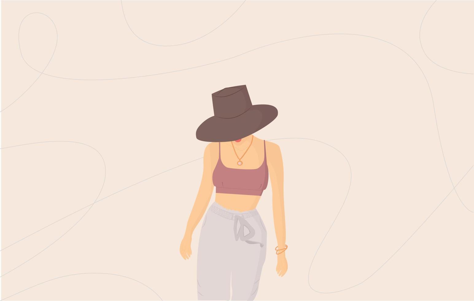 A girl with a hat on the beach. A girl in light colors. A girl in a tank top and pants. vector