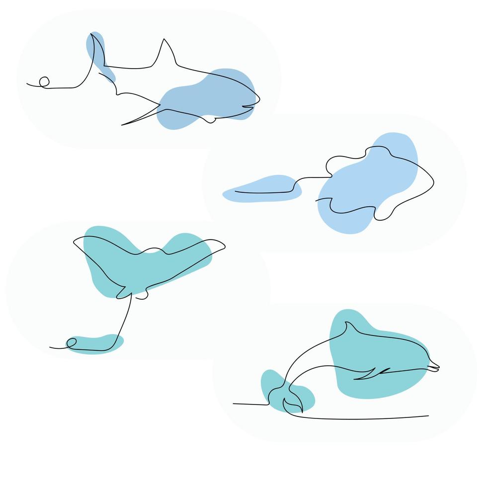 A set of designs in one line. One line. A set of fish. Print. Dolphin, stingray, fish, shark poster. vector