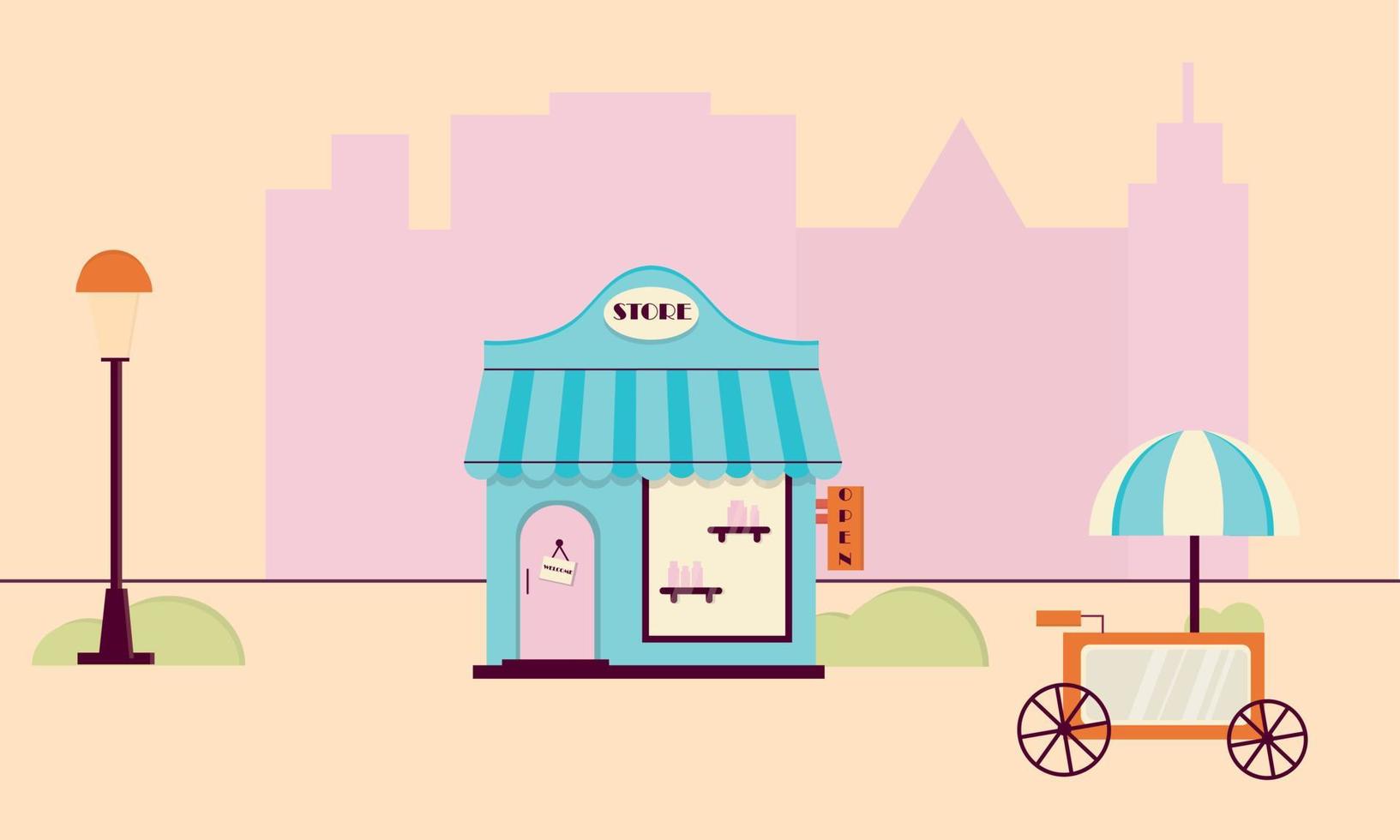 Store for cosmetics in the city in pink and blue. shop  ice cream shopping pink blue vector