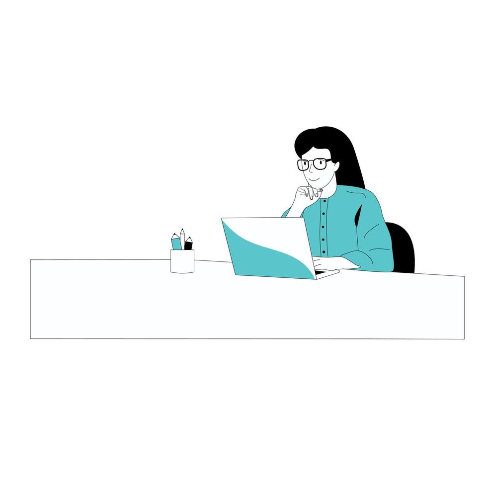 Woman sits at laptop online vector