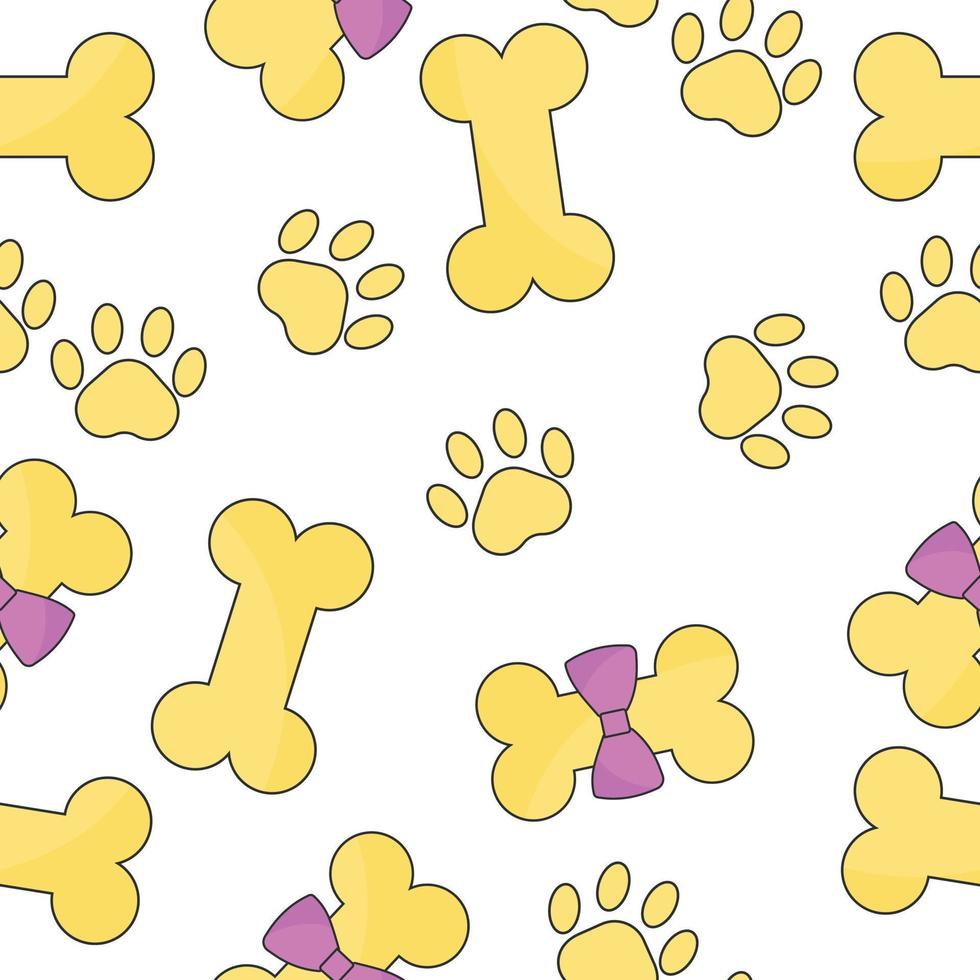 Seamless pattern with bone and paw on white background. Vector pattern