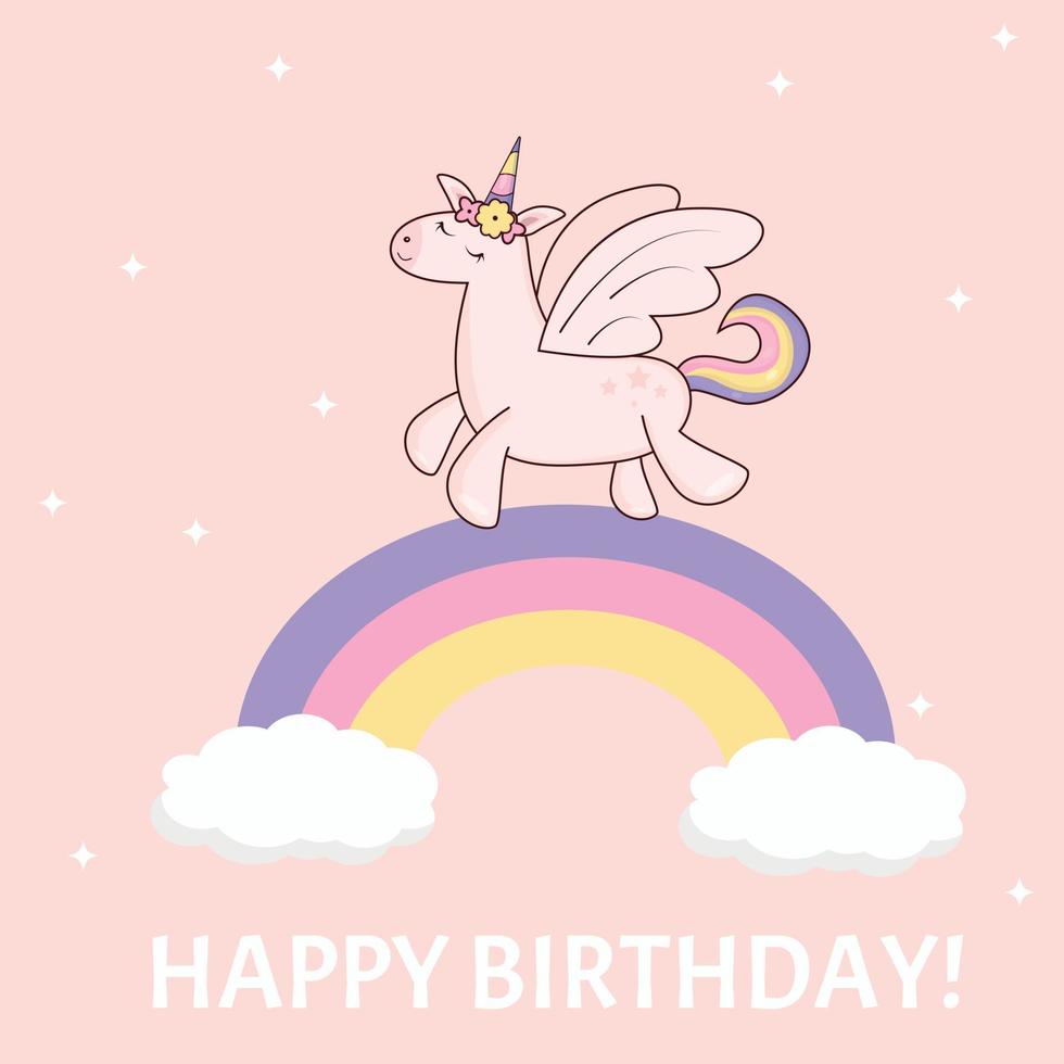 tarjeta de cumpleaños unicornio volando a través del arco iris vector