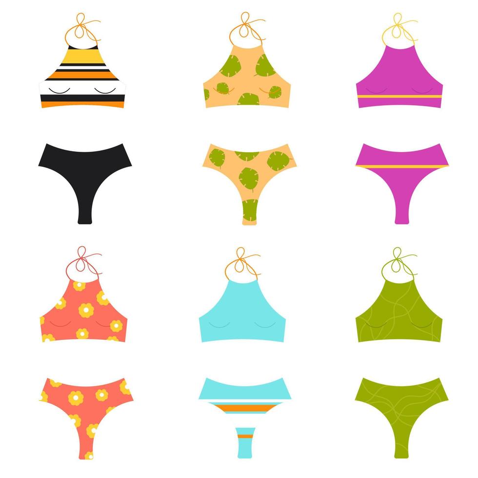 Women's swimsuits in different colors and patterns. Isolated on white background. Bottom and top. Vector illustration.